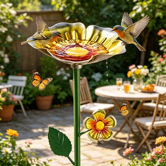 Metal Flower Garden Stake Bee Watering Station Outdoor Bird Bath Butterfly Water Feeder with Stake for Garden Pollinators Birds Yard Patio Decor