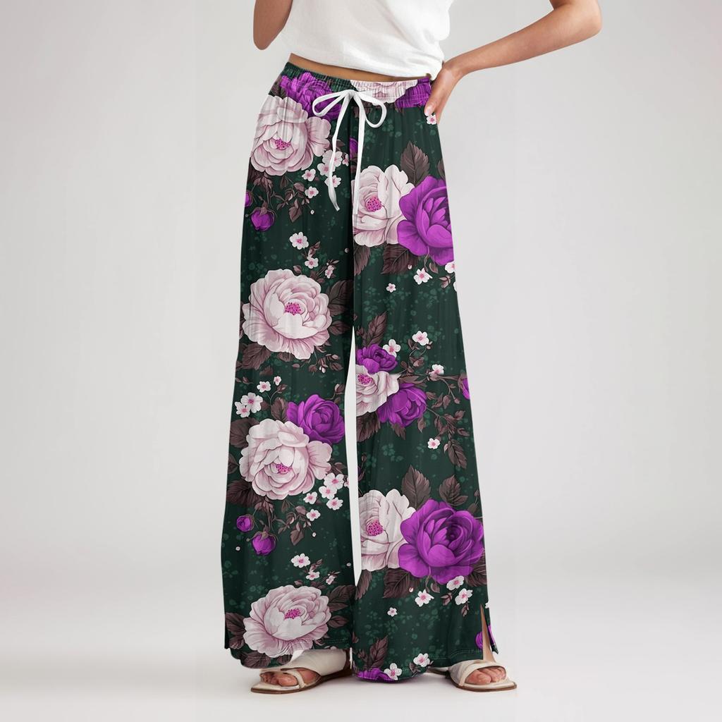 Women's Loose Casual Floral Print Wide Leg Pants With Elastic Waist Drawstring And Pocket Pants