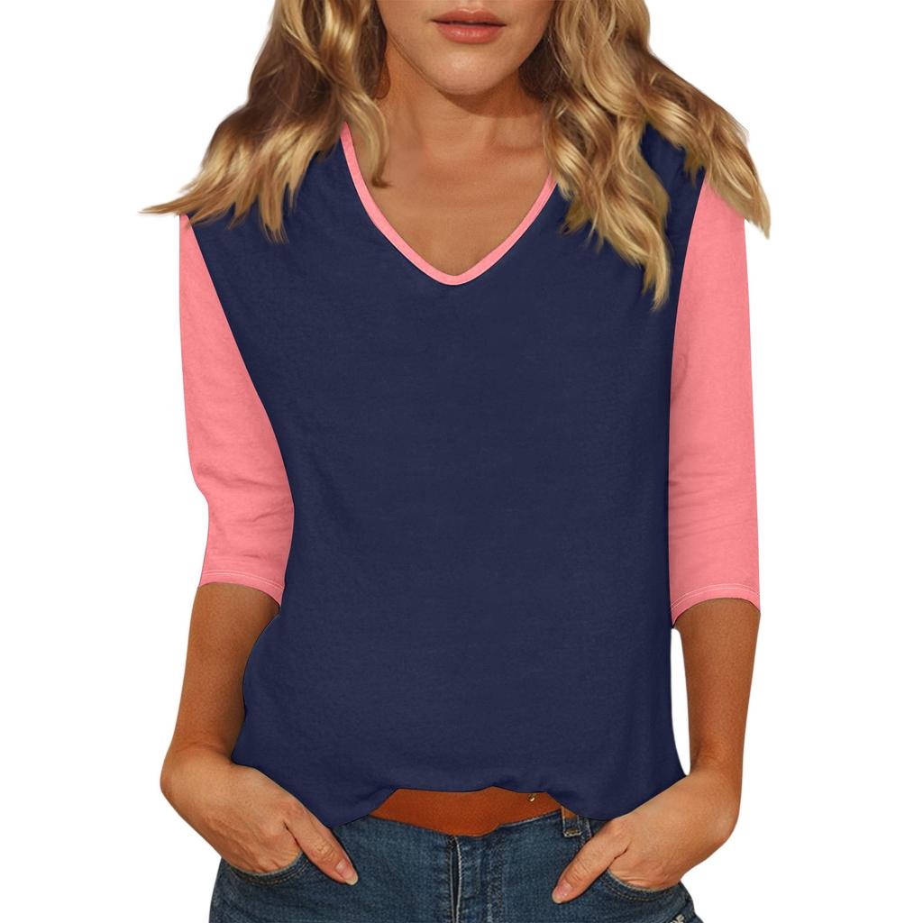Women's Casual Fashion Sexy Comfortable V-neck Stitching Color Three-quarter Sleeve Top
