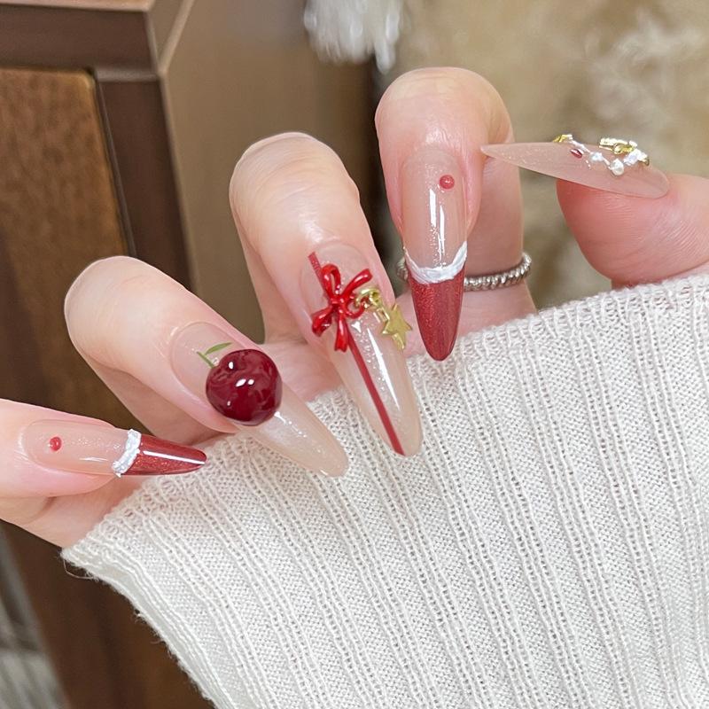 Elegant Handmade Christmas Red Bow Cat Eye French Tip Nails