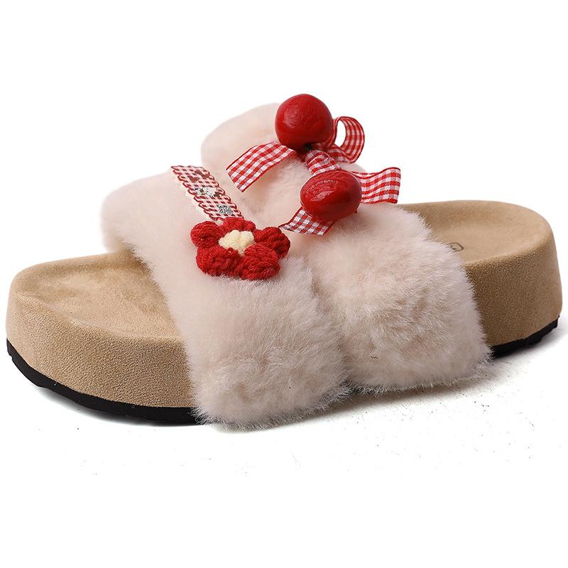 Bow Suede Small Safflower One-word Fluffy Slippers Women's Autumn and Winter Cute Cartoon Fashion Casual Thick-soled Slippers