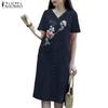 ZANZEA Women Casual V-Neck Short Sleeve Loose Print Dress