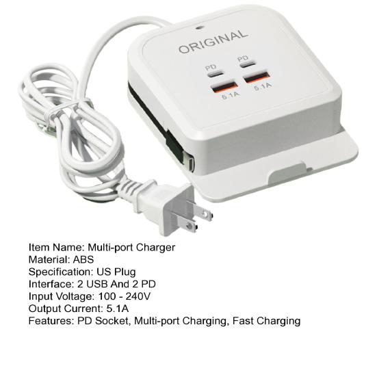 Caricabatterie Multi-Porta con Supporto Ricarica Rapida 2PD e 2USB Universale 5.1A Protezione da Cortocircuito e Sovraccarico Testa di Ricarica