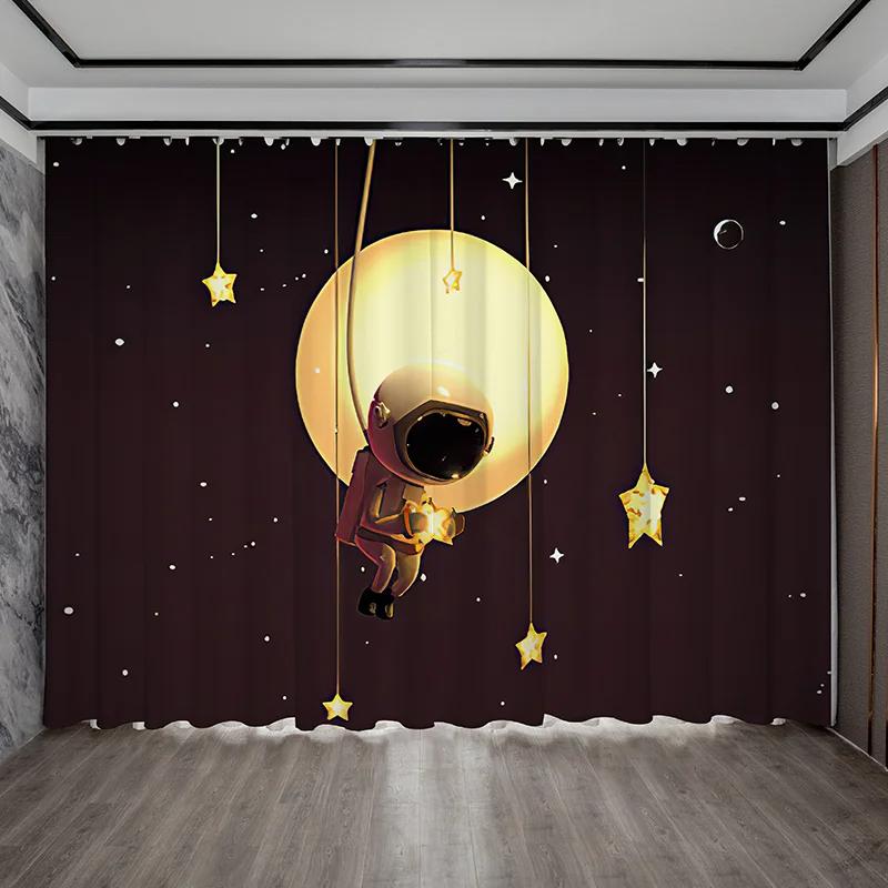 Creative Ins Style High Shading Curtain Astronaut Science Technology Sense Starry Sky Space Boy Game Bedroom Blackout Drape 2PCS