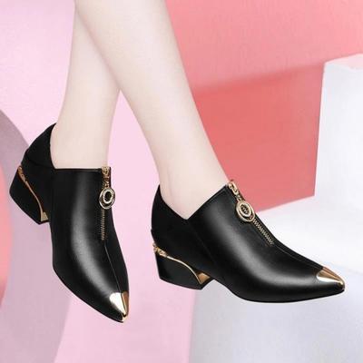 Genuine Soft Leather Single Shoes for Women's New Deep Mouth Thick Heel Women's Leather Shoes Pointed, Fashionable and Versatile