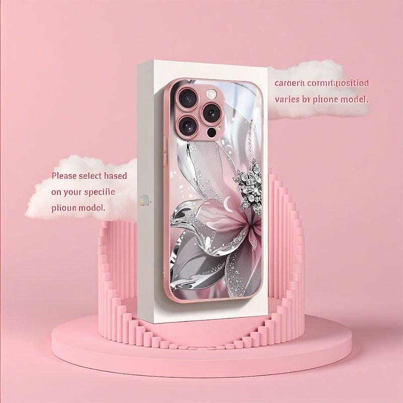 Silver Textured Flowers Pattern Pink Metallic Glass Phone Case For iPhone 11 12 13 14 15 16 17 Pro Max 15 Plus 17 Air 16E Cover