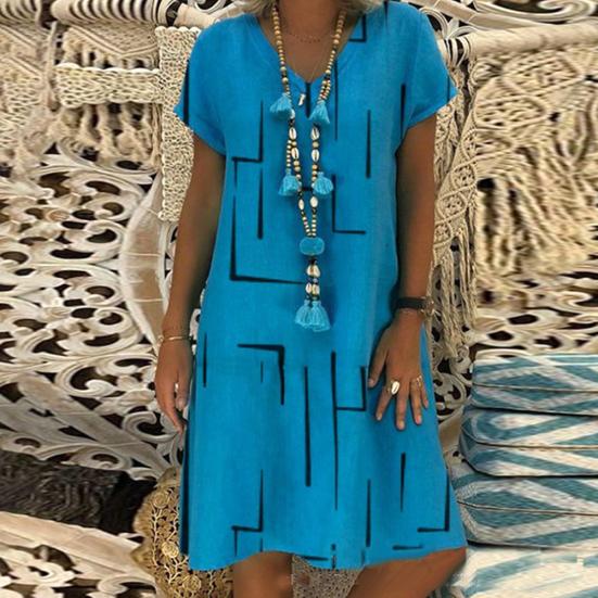 Robe Vintage pour Femme, Couleur Unie, Col en V, Manches Courtes, Imprimée, Coupe Ample, Longueur Genou