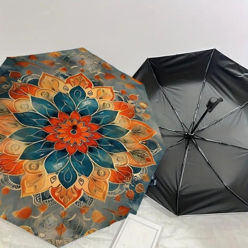 1pc Mandala Leaves Automatic Open/Close Umbrella Compact Folding Umbrella with 8-Rib Shaft for Women/Men, Elegant Birthday1326S