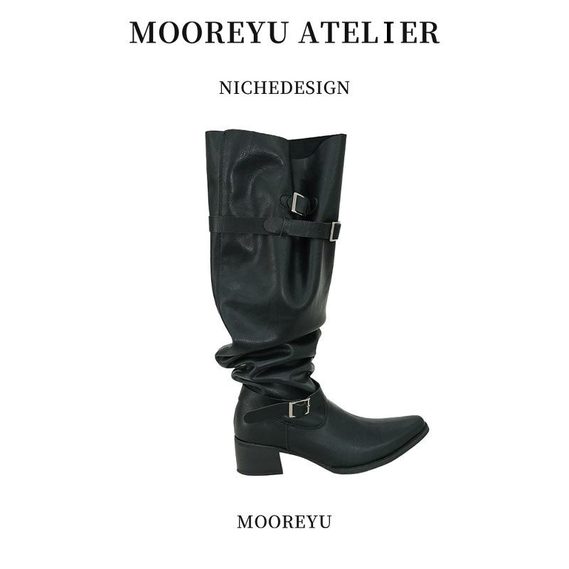 Cowhide Version of Super Fire Boots Women's Pants Tube Boots Thick Heel Black But Knee Pile Boots Big Tube Circumference High Heel Knight Boots