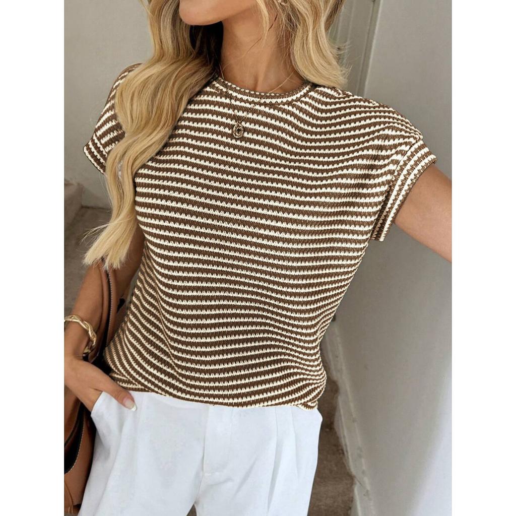 Sommer Damen Rundhals Pullover Zweifarbig Gestrickt Kurzarm Top, Grenzüberschreitend Lässiges Stricktop für Europa Amerika