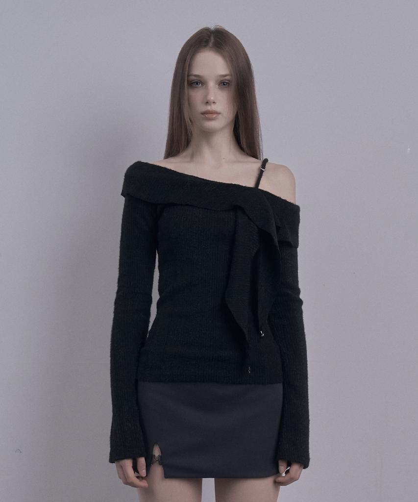 DAMIO Ruffle Draped Off Shoulder Knit Top (Black)