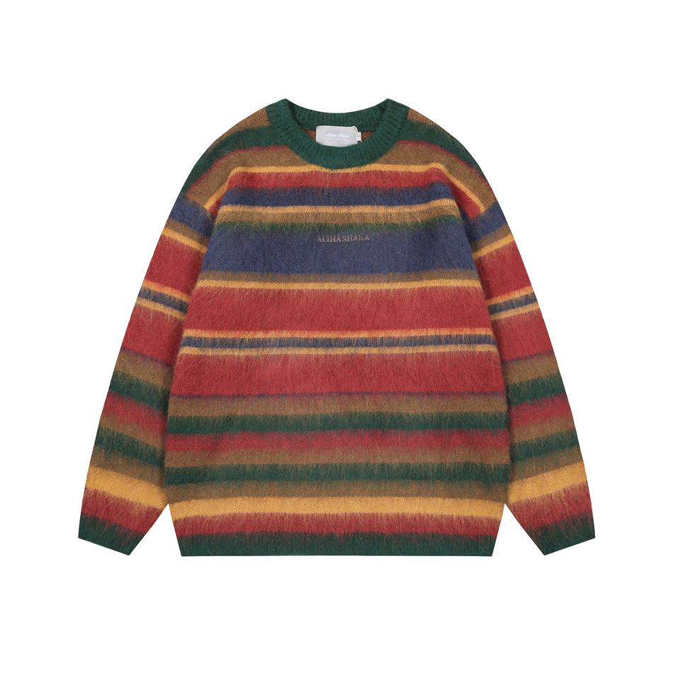 UNDREST Retro Striped Unisex Campus Sweater - Autumn/Winter Pullover Knitwear Medium зелёный