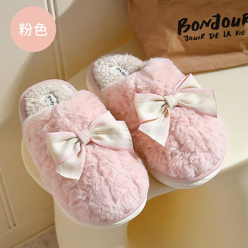 

Bow cotton slippers women s season indoor home household plush warm non-slip cute women s fluffy slippers 36-37 inner length 23.5cm рожевий