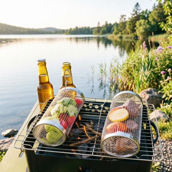 Rolling Grill Basket Stainless Steel Meat Shrimp Vegetables BBQ Grilling Net