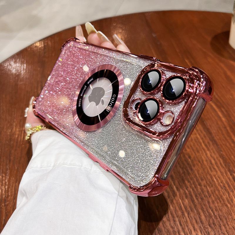 Applicable To IPhone16E Electroplated Four-angle Lens Film Mobile Phone Case Apple 15PRO Flash Powder Magnetic Bracket Protection Case