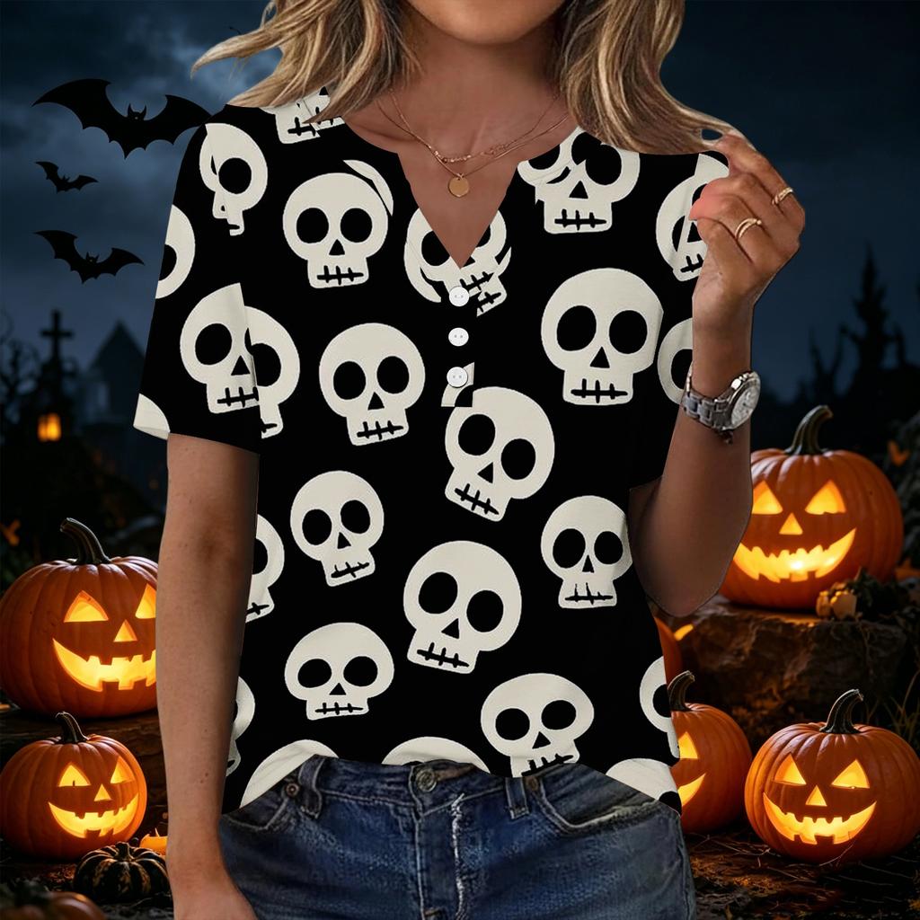 Women's Casual Print V-Neck Short Sleeve T-Shirt with Decorative Buttons
