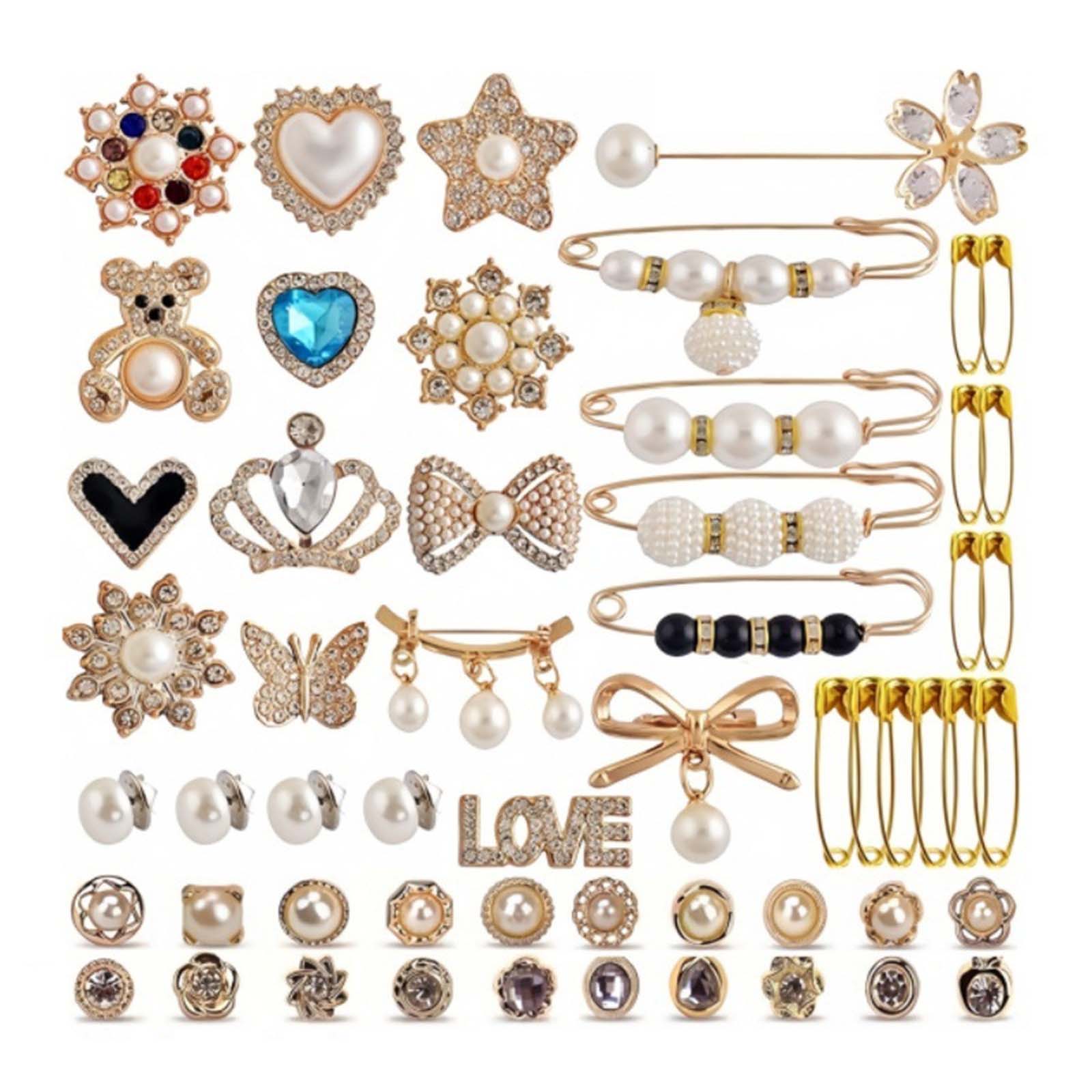 

55 шт. броши, булавки, зажимы для свитера, шали, броши с искусственным жемчугом, шарм для носков, обуви, стразы, безопасные булавки для женщин