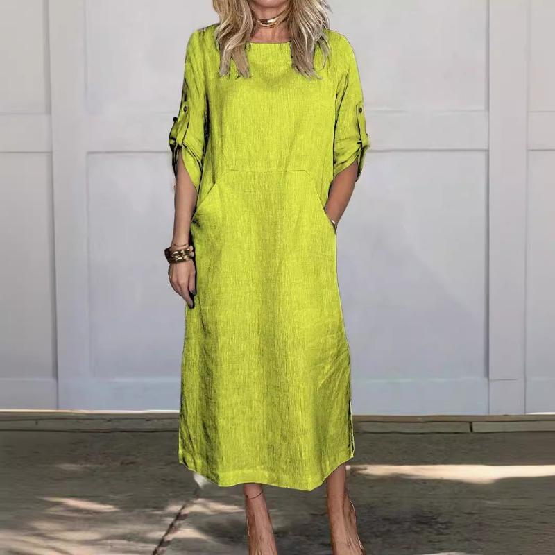 Casual Fashion O Neck Short Sleeve Women Dress Elegant Solid Color Loose Simple A-line Party Dresses Female Plus Size Pockets Spring Summer Clothing