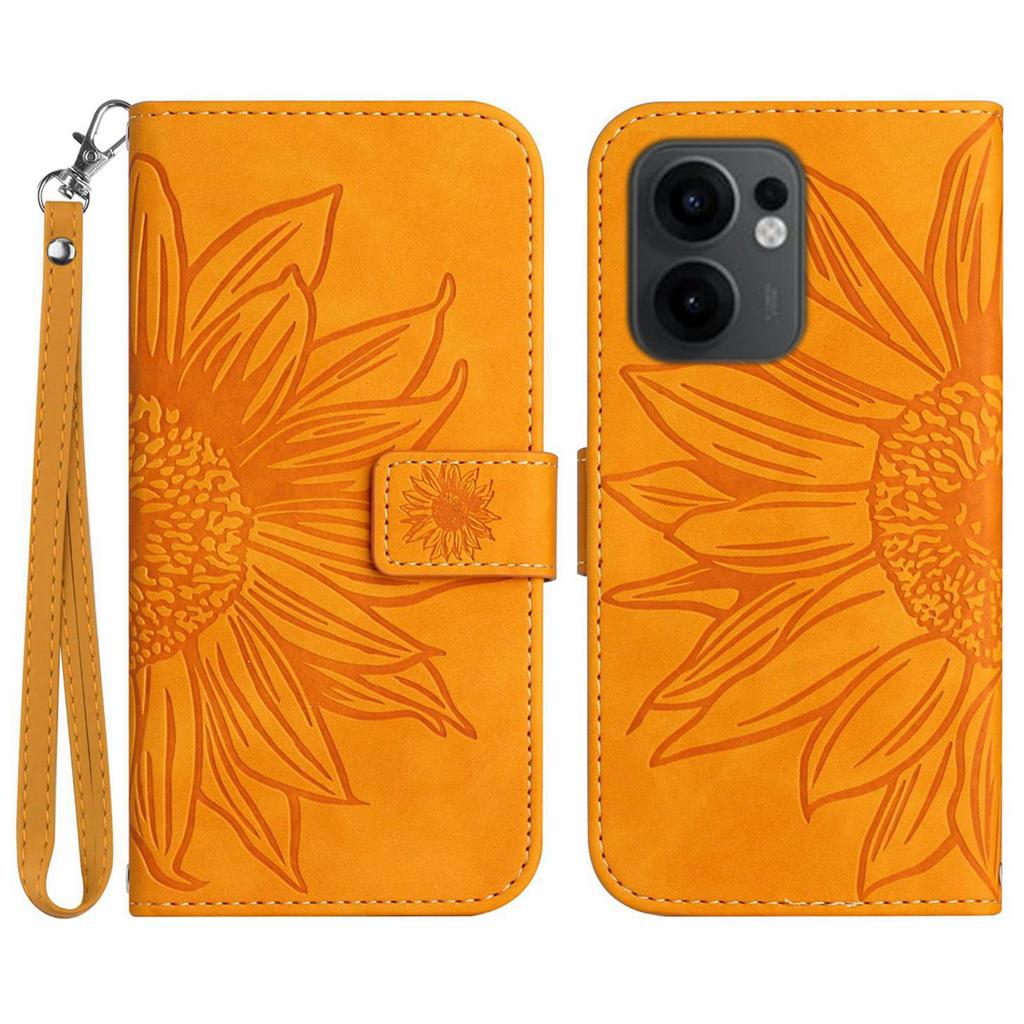 For Oppo Reno13 F 5G/4G Case Sunflower Imprint Leather Wallet Phone Cover with Wrist Strap