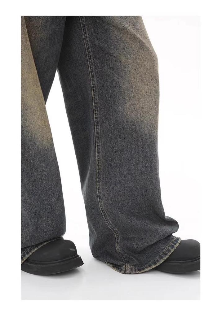 Men's Vintage Washed Wide-Leg Jeans: Retro Straight, Loose Drape, Floor-Length, Spring/Autumn 2025.