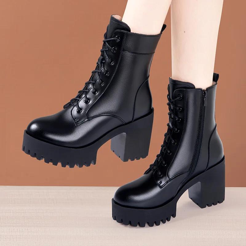 8cm Small Size 32-43 New Block High Heels Shoes Genuine Leather Boot Winter 2025 Thick Fur Wool Ankle Boots Office Model Mom