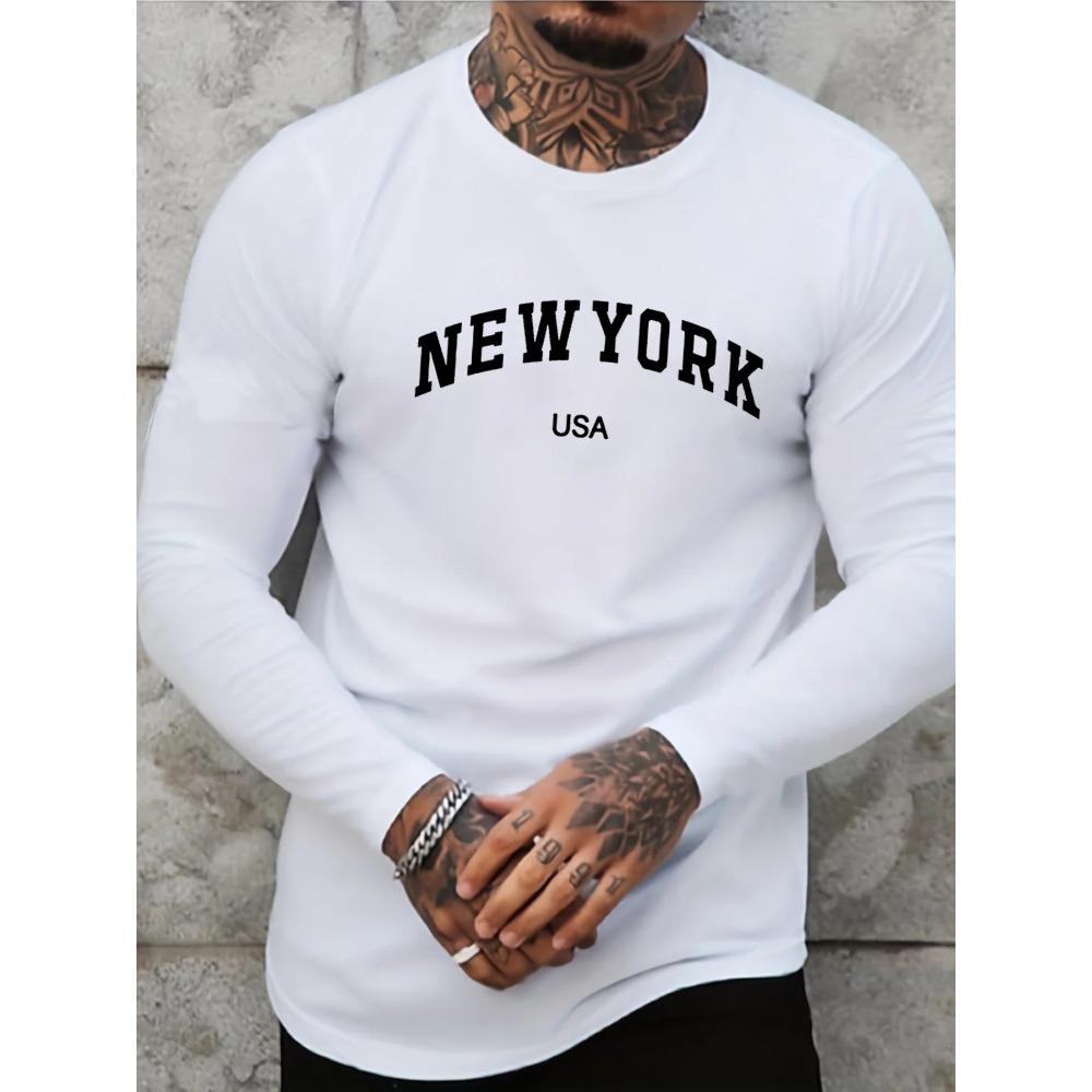 Spring and Autumn Round Neck Letter " New York USA" Graphic 3D Printed Top Fashionable Casual Long Sleeved Men's T-shirts
