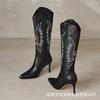 Designer ethnic style embroidered high knight boots leather thin V-mouth western cowboy boots pointed stiletto boots