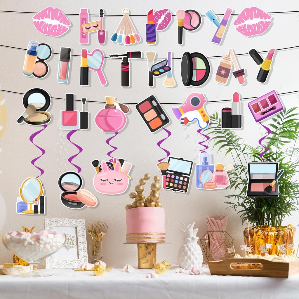 Make-up Geburtstagsfeier Dekorationen Banner mit Spiraldekorationsset - Geburtstagsbanner Spa-Party Hängende Papierdekorationen für Mädchen Frauen Make-up Party