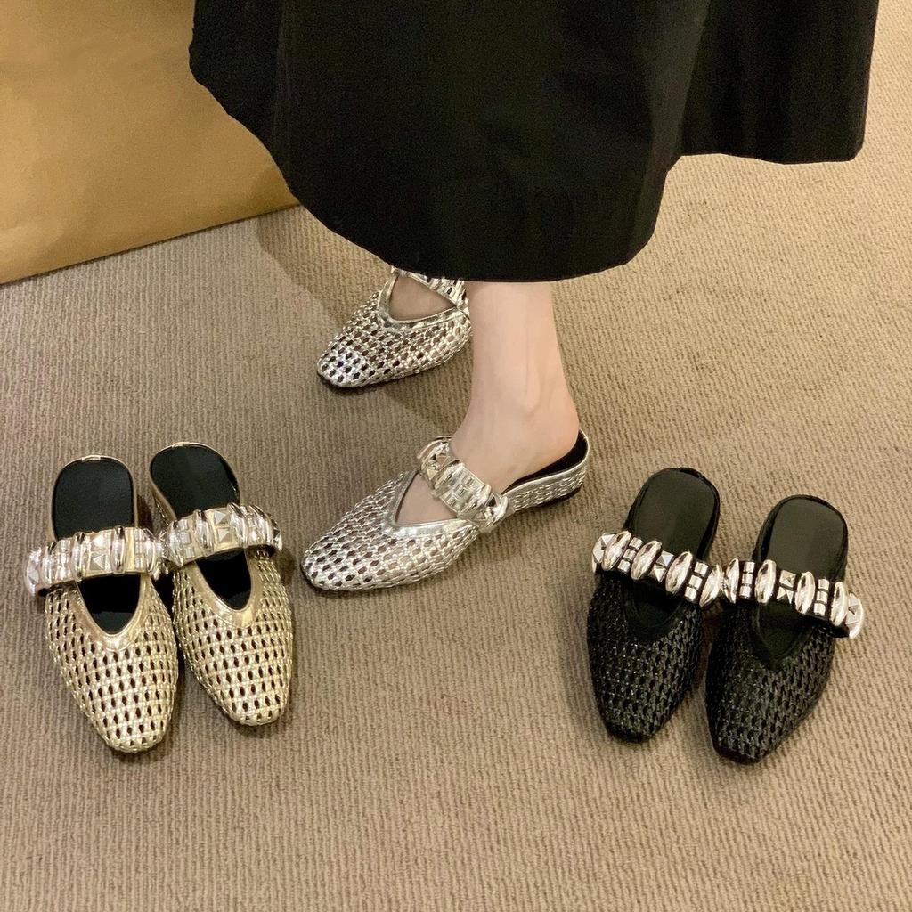 Shining Galaxy~ Rhinestones inner height increase baotou half slippers children wear new fishing nets hollowed out silver sandals in summer