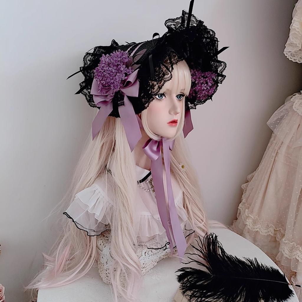 Handmade Vintage Victorian Gothic Tea Party Lace Straw Hat Lolita Girls Flowers Bonnet with Ruffles Halloween Black Headdress