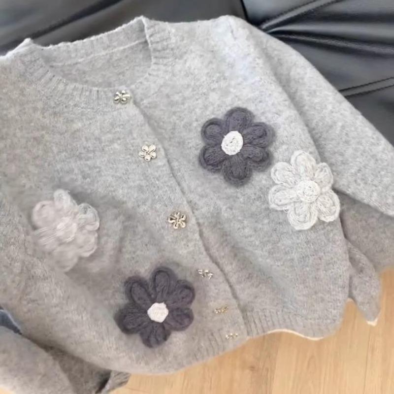 

Высококачественная женская одежда, кардиган ручной вязки с цветочным узором, с круглым вырезом, мягкий, липкий, короткий, серый свитер, женский, зимний one size fits all серый