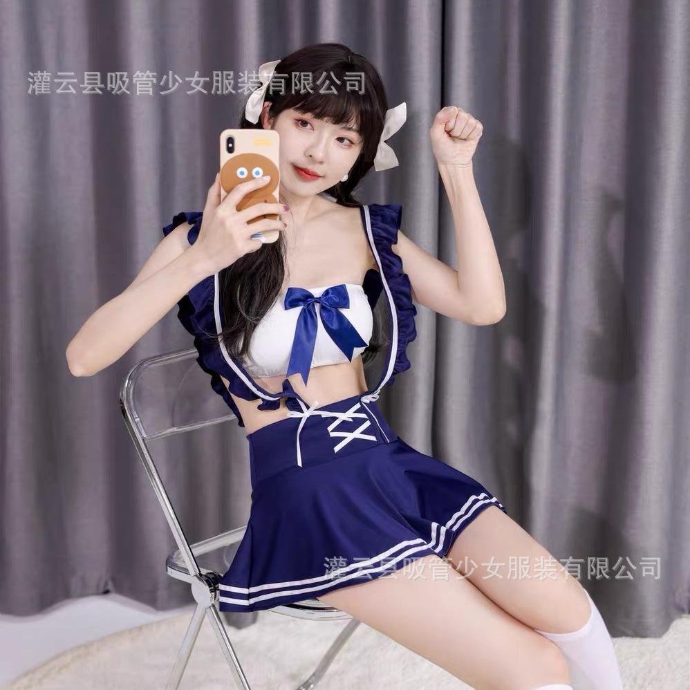 Sex Underwear Sexy College Style Tube Top Strap Pleated Skirt Set Hollow Pure Student Wear