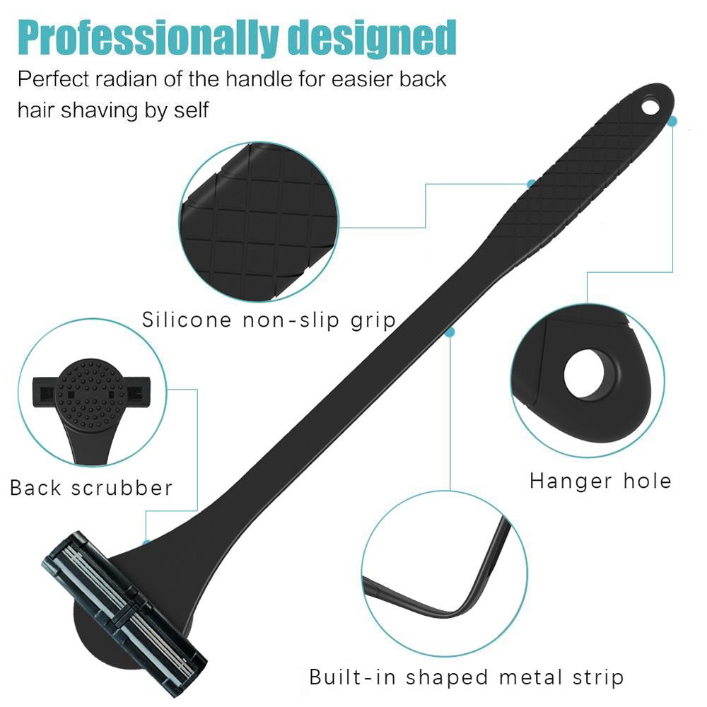 Men's 2-in-1 Silicone Back Shaver Scrubber Razor with Three Layers for Efficient Back Hair Removal Shaving Tool with 6Blades