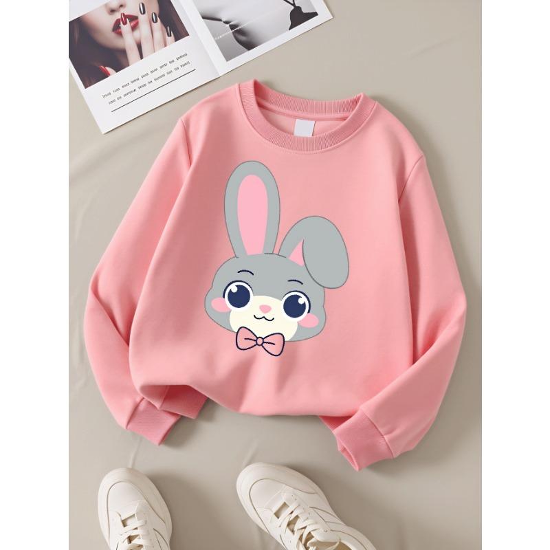 European sizes Girls' Round Neck Sweatshirt, Casual Printed Pullover, Cute Gray Bunny with Bow Tie, Autumn And Winter Warm Fashion Top.