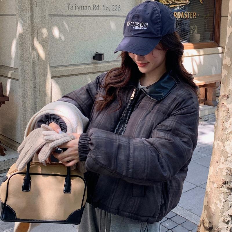 

Зимнее новое повседневное модное хлопковое пальто с лацканами, женское, в клетку контрастного цвета, короткая хлопковая одежда с лоскутной отделкой 2XL