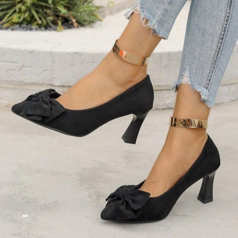 Suede Stiletto High Heels Women Spring New Temperament Pointed Toe Shallow Bow Non-Tired Foot Non-Slip High Heels