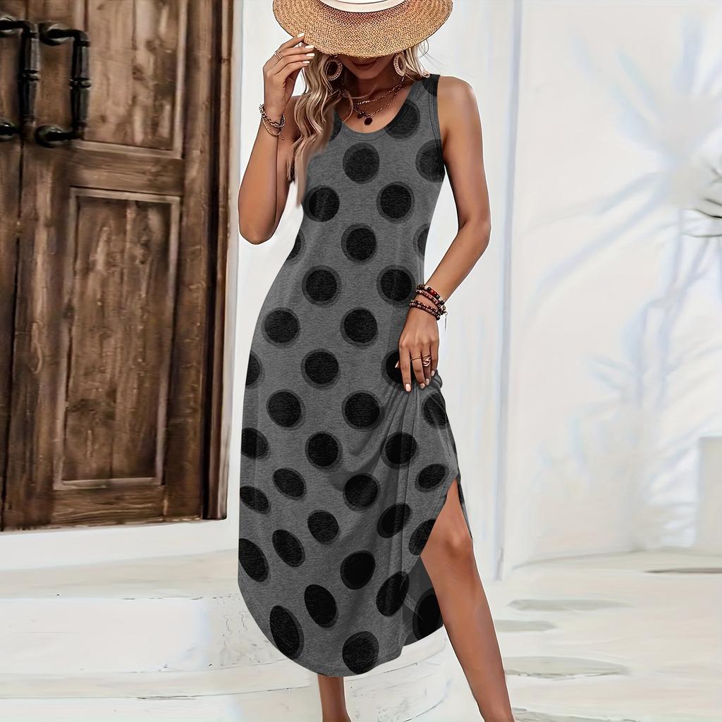 Damen ärmelloses lässiges Maxikleid lockere Passform lang mit Polkapunktdruck Sommerkleid seitlicher Schlitz leichtes bequemes Kleid