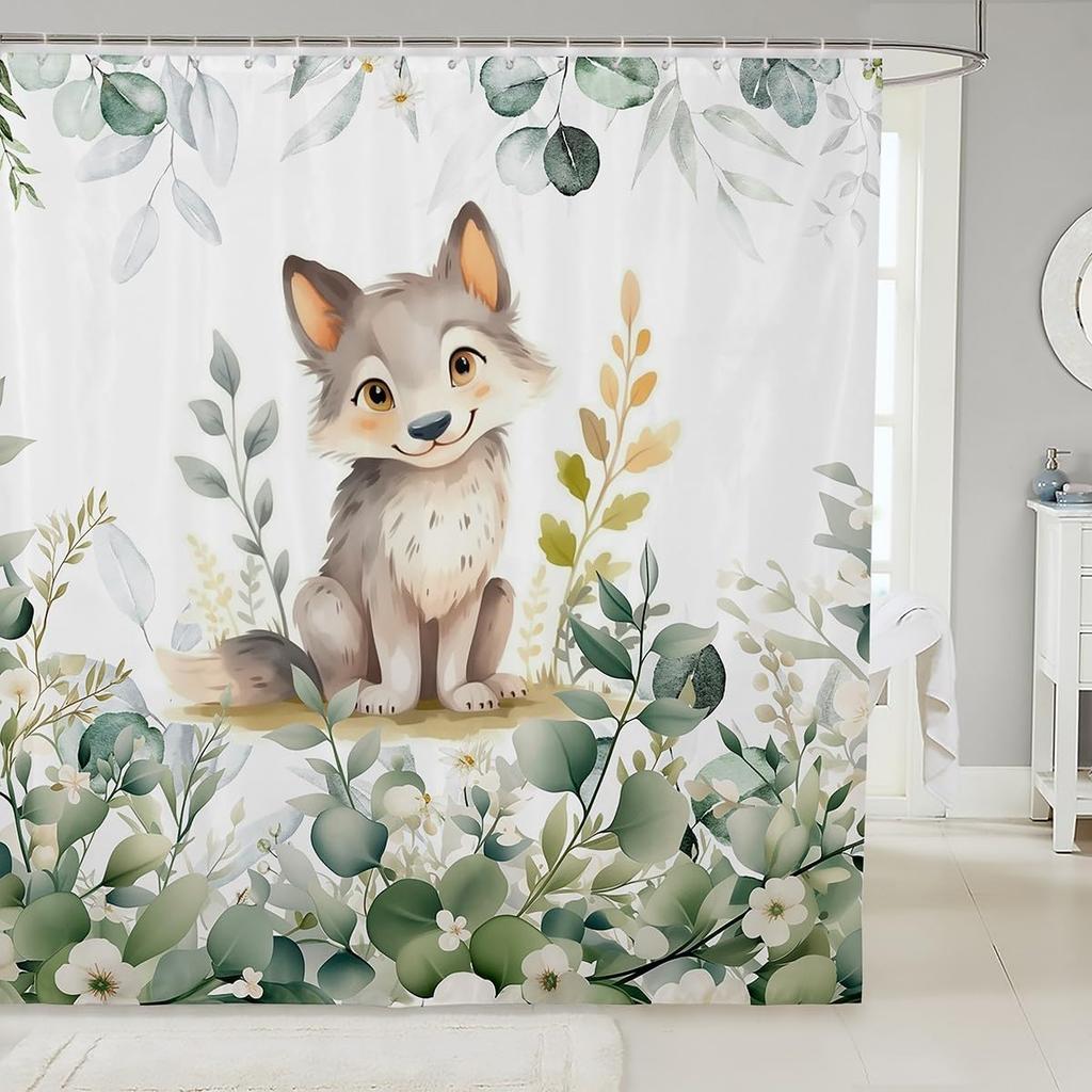 Erosebridal Cute Dachshund Waterproof Bathroom Curtain for Kids Child Green Eucalyptus Bath Curtain, Pet Animal Shower Curtain