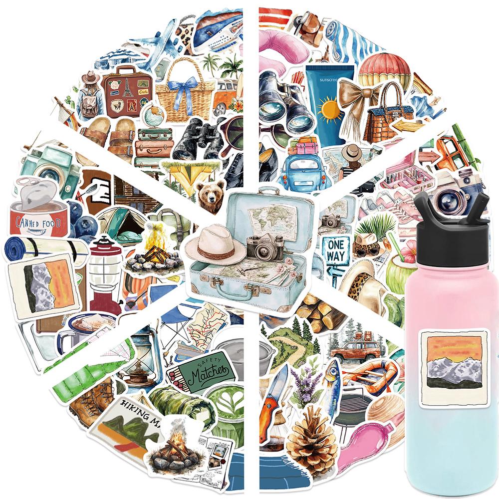 10/30/50/100pcs Vintage Travel Cartoon Stickers Watercolor Aesthetic Decals DIY Guitar Luggage Scrapbook Outdoor Scenery Sticker