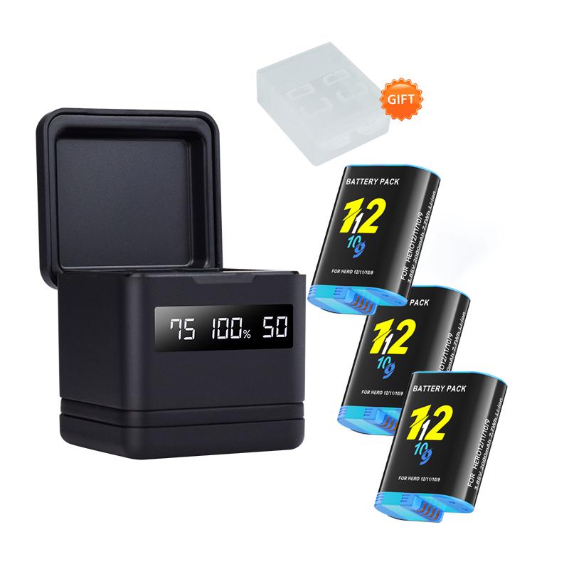 2000mAh Battery For Gopro Hero 9 10 11 12 Camera Battery with LCD 3-Slots Fast Charger Box For GoPro Hero12 11 Sport Cameras
