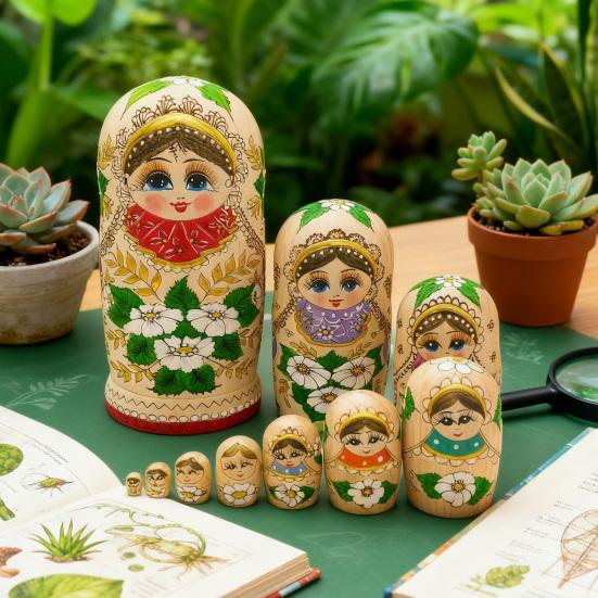 10Pcs/Set Handmade Wooden Matryoshka Doll 10 Layers Russian Nesting Doll Vintage Girl Stacking Toy Home Office Desktop Decoration Ornament