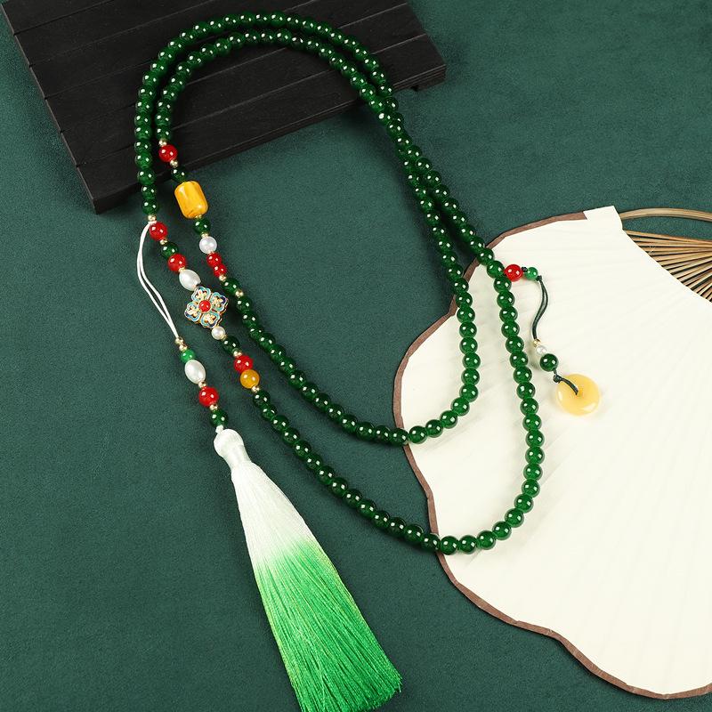 Long messenger chain high-end green glazed agate beaded necklace cheongsam sweater chain accessories women
