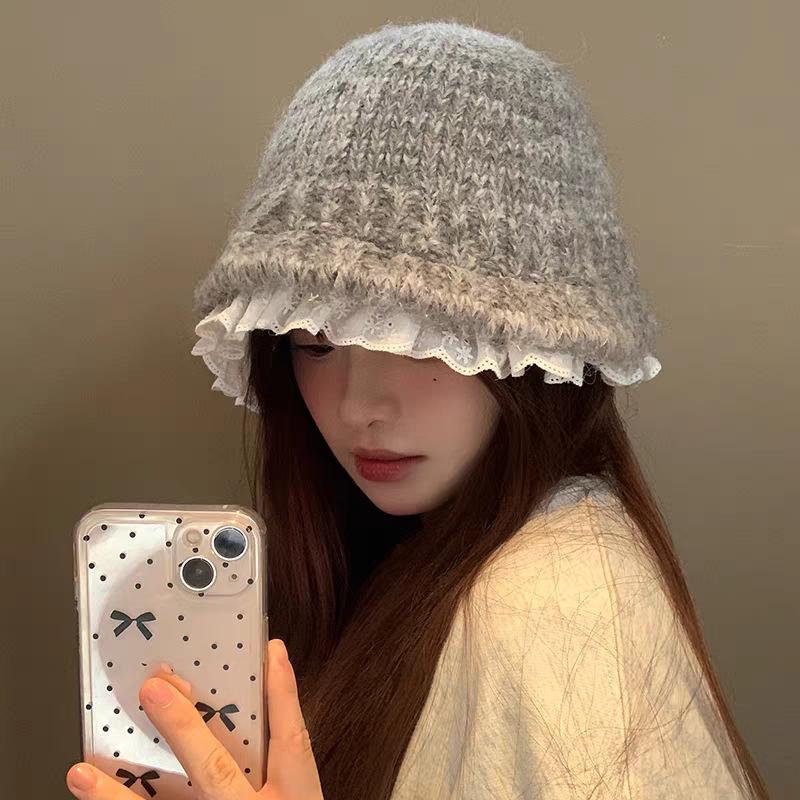 Lace lace black knitted bucket hat women's autumn and winter face small wool hat big head circumference plush hat
