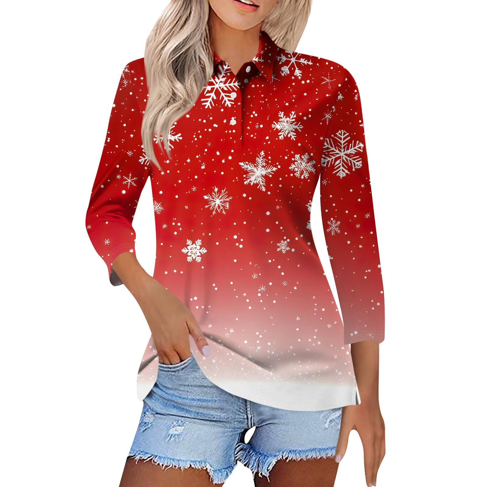 

Women s Fashion Casual Lapel Short 3/4 Sleeve Christmas Print Shirt Women s Button Up Tops M