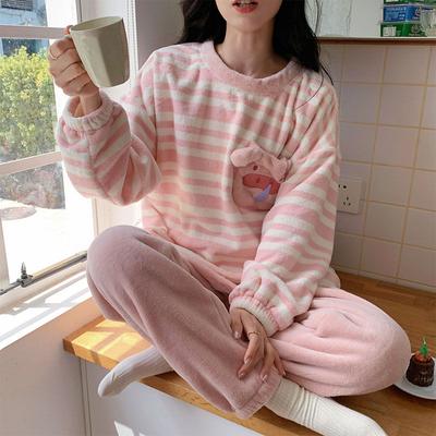 Ladies Winter New Flannel Sleepwear Women Thickening Round Neck Long Sleeve Pajamas Femme Cartoon Printing and Striped Homewear