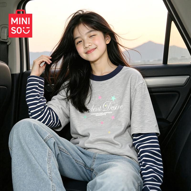 MINISO Girls' Korean Style Faux Two-Piece Long-Sleeve T-Shirt