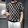 New Summer Versatile Knitted T-Shirts Ins Short-sleeved Fashionable Thin Plaid Hollow Slim Round Neck Trendy Top