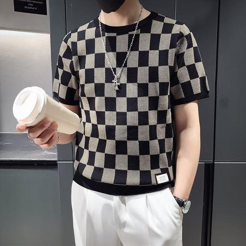 New Summer Versatile Knitted T-Shirts Ins Short-sleeved Fashionable Thin Plaid Hollow Slim Round Neck Trendy Top