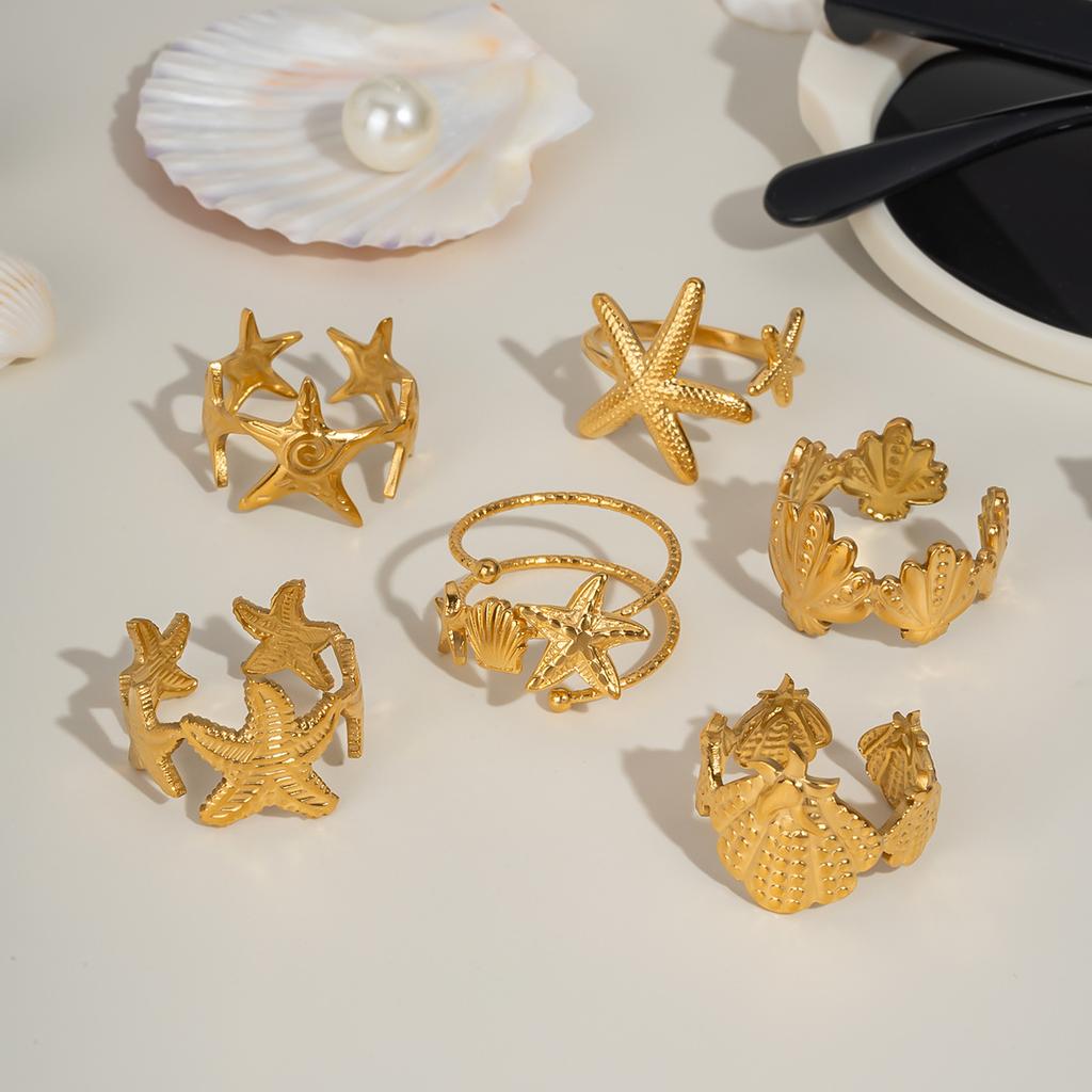 2025 Summer Ocean Rings For Women Gold Color Stainless Steel Shell Starfish Charm Figure Accessory