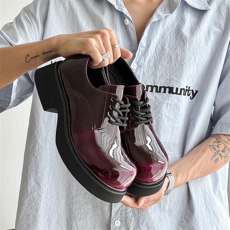 Mickey casual leather shoes big head thick sole inner heightening personality 9522 discoloration gray, brown, red, purple-J